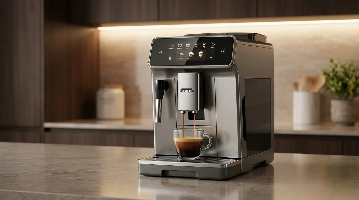 Ekspres automatyczny DeLonghi z panelem dotykowym podczas parzenia espresso