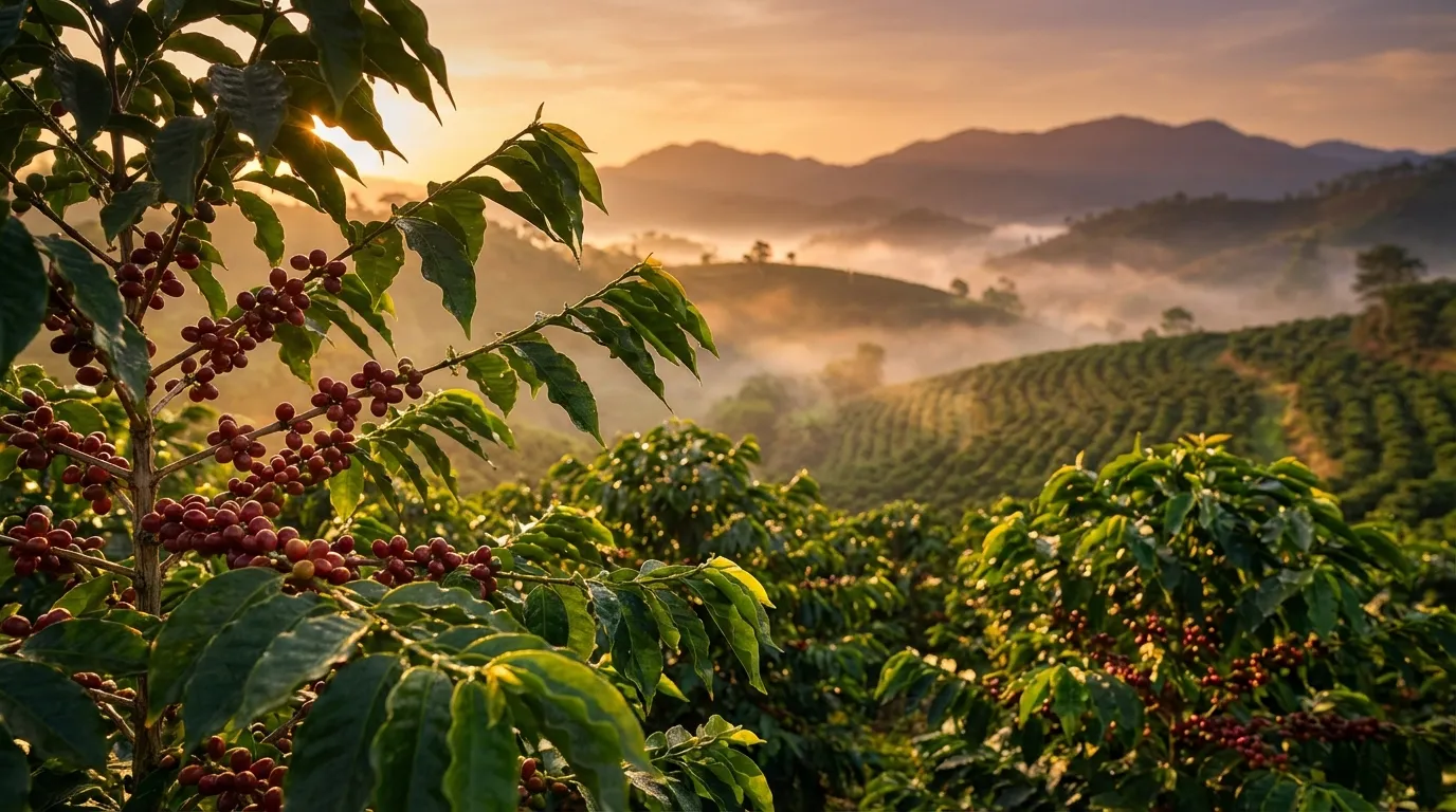 Plantacja kawy z dojrzewającymi owocami kawowca o wschodzie słońca