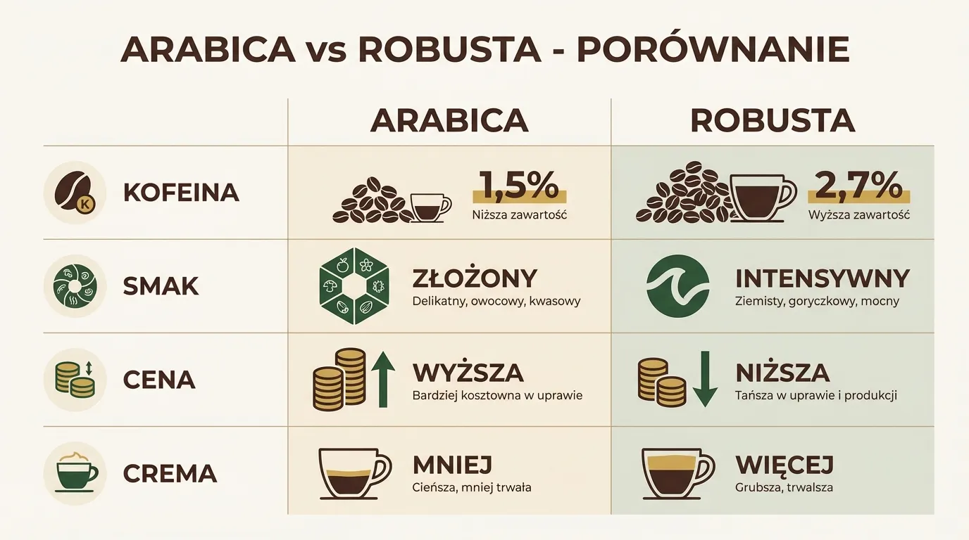 Arabica vs Robusta — porównanie kofeiny, smaku, ceny i cremy