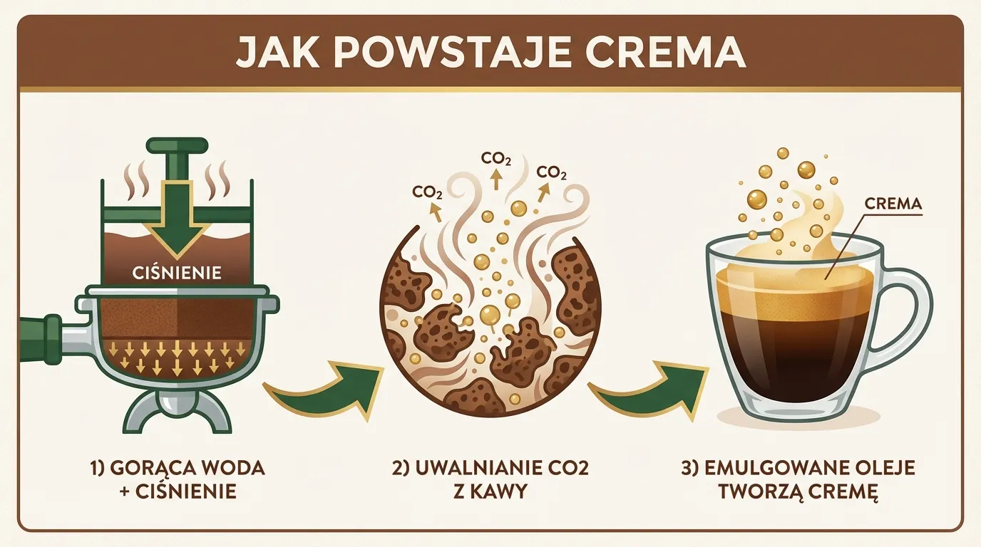 Jak powstaje crema — schemat w trzech krokach: ciśnienie, uwalnianie CO2 i emulgowanie olejków