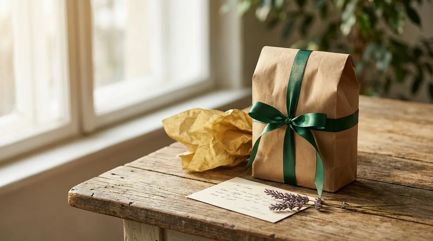 Pakowanie kawy na prezent — kraft, wstążka, bilecik