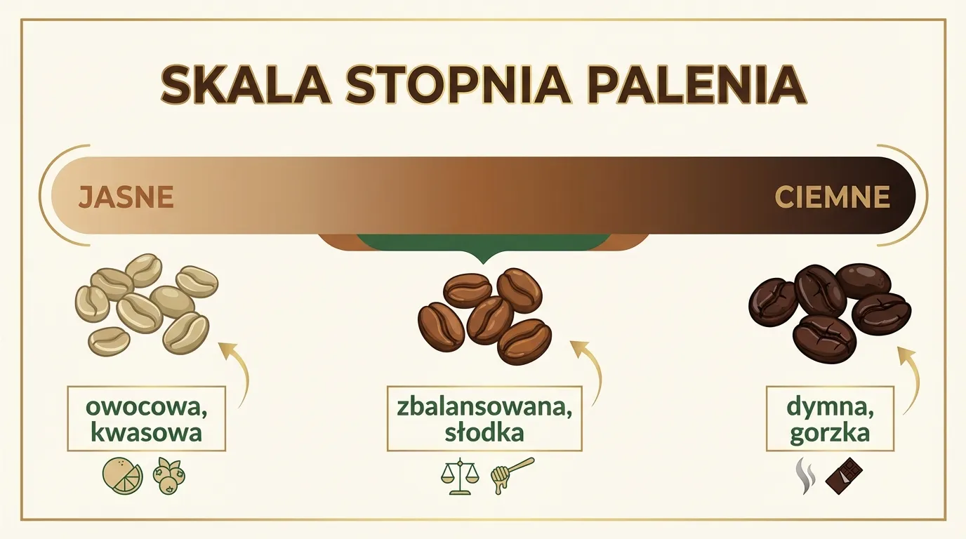 Skala stopnia palenia kawy — od jasnego po ciemne z opisem profili smakowych