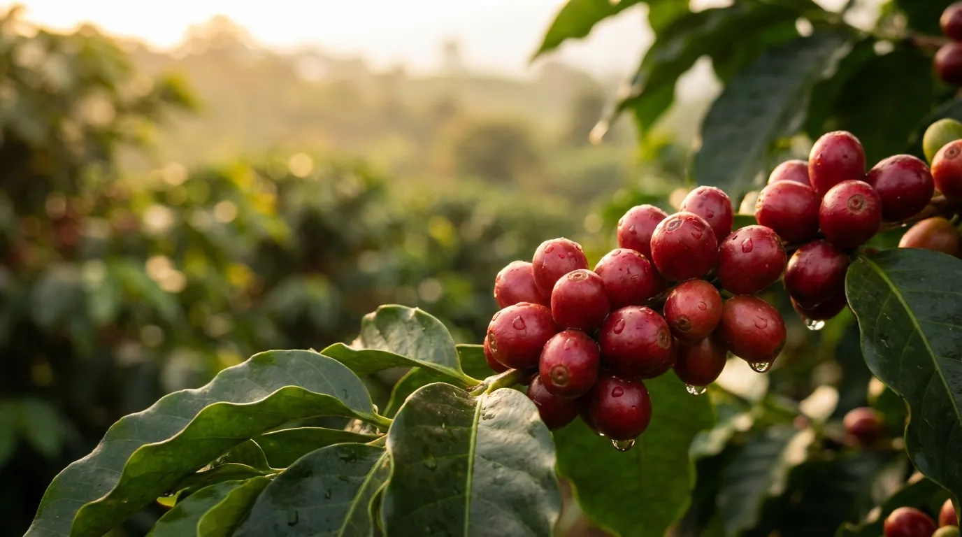 Dojrzałe owoce kawowca na gałęzi — czerwone wiśnie kawy