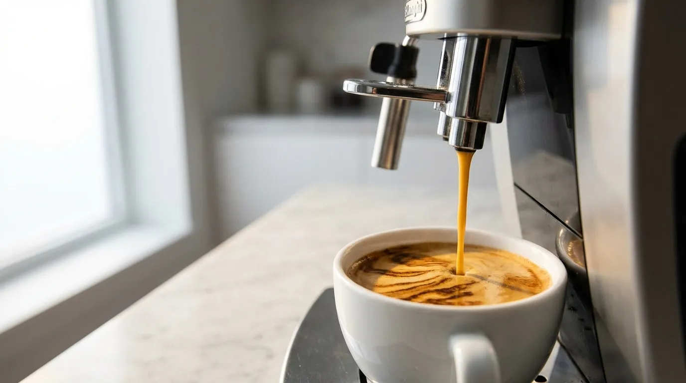 Ekstrakcja espresso z DeLonghi Magnifica — złoty strumień i crema