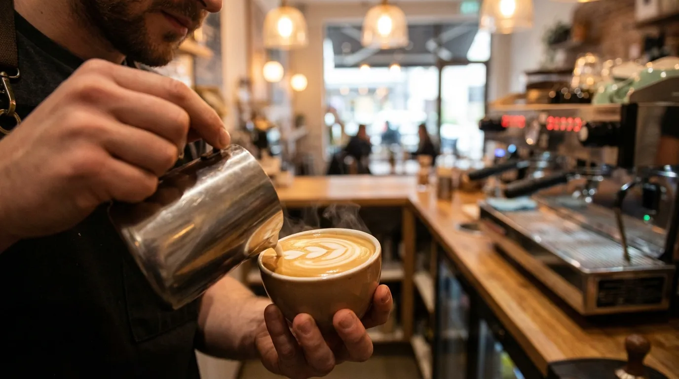 Wlewanie mleka do espresso — latte art rosetta w filiżance cappuccino