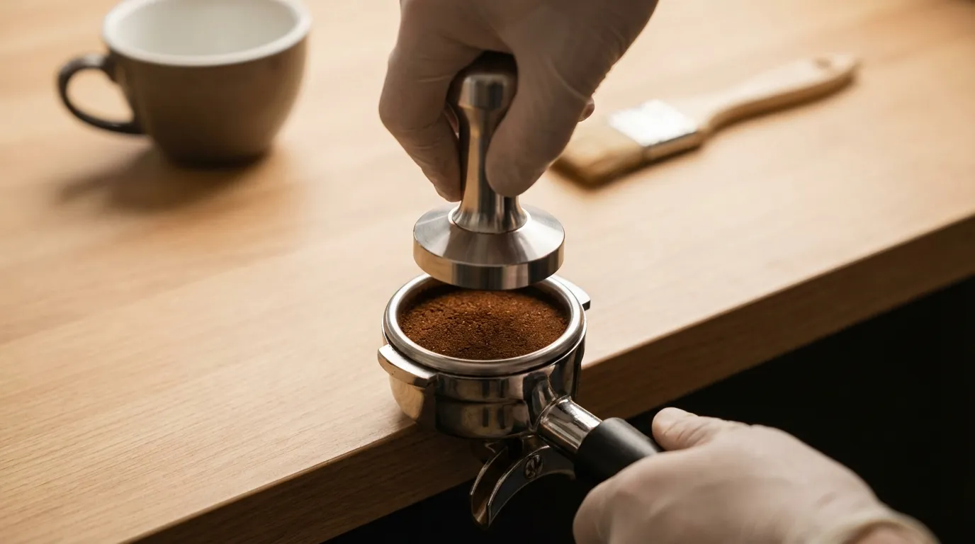 Tampowanie kawy w portafiltrze — równomierne ubijanie mielonej kawy