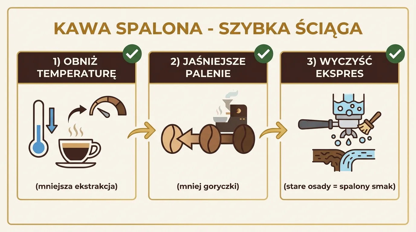 Kawa spalona — szybka ściąga: obniż temperaturę, jaśniejsze palenie, wyczyść ekspres