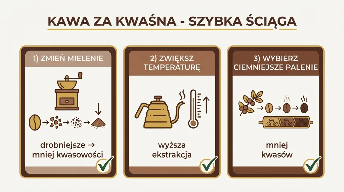 Szybka ściąga — 3 kroki na kwaśną kawę: mielenie drobniej, wyższa temperatura, ciemniejsze palenie