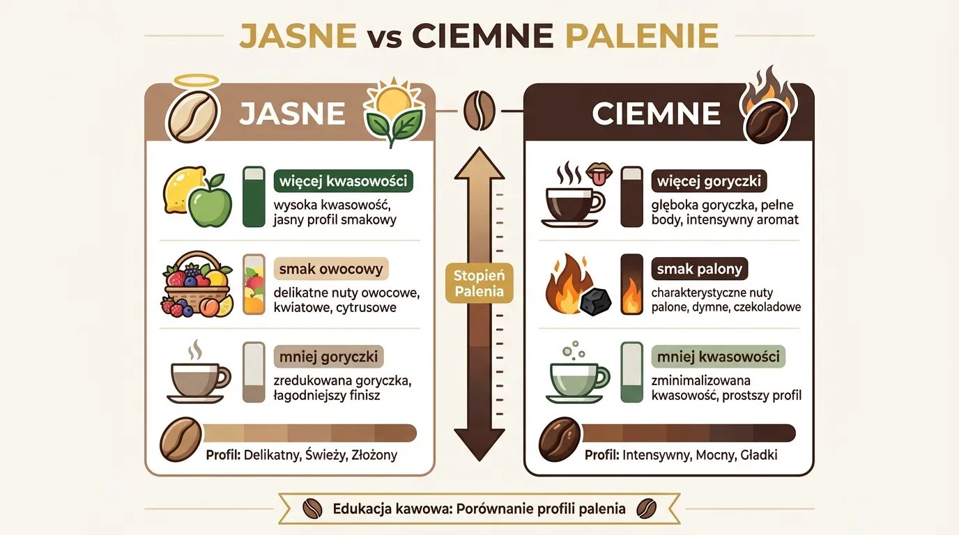 Porównanie jasnego i ciemnego palenia kawy — różnice w profilu smakowym
