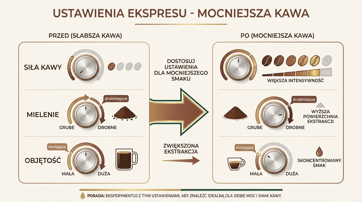 Ustawienia ekspresu dla mocniejszej kawy — siła, mielenie i objętość przed i po zmianie